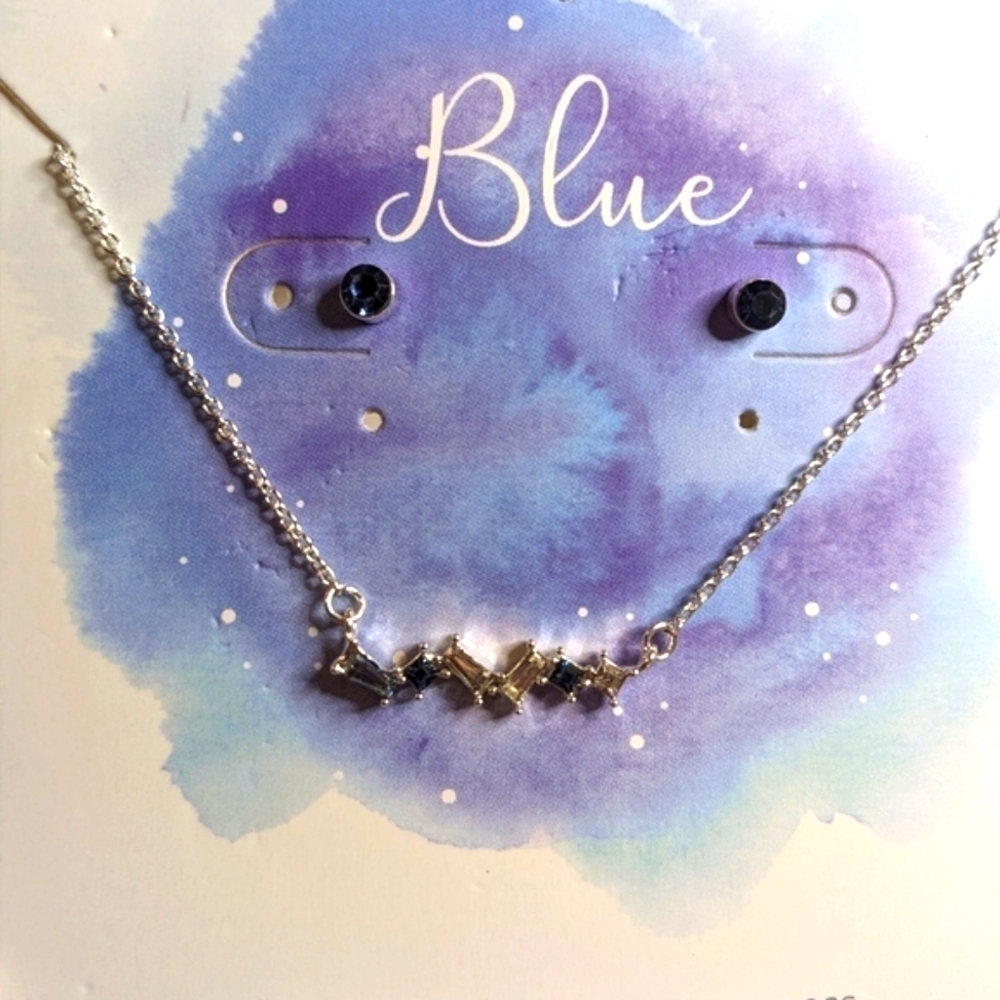 Cubic Zirconia Blue‎ Silver Tone Earrings and Necklace Set